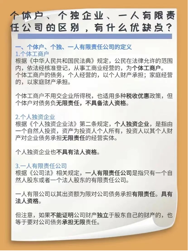 個體戶、個獨企業(yè)、一人有限責任公司的區(qū)別，有什么優(yōu)缺點