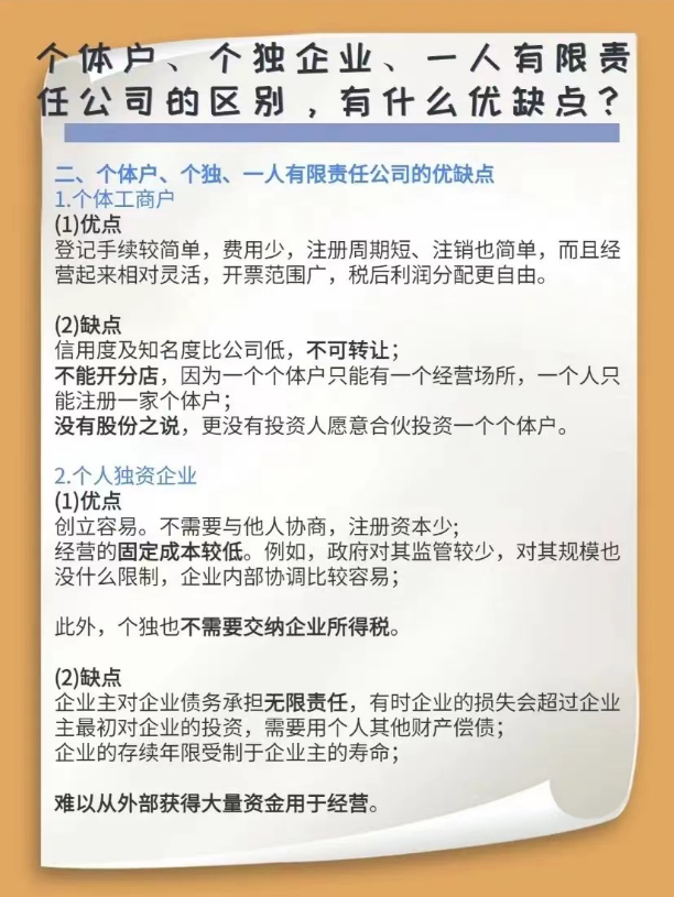 個體戶、個獨企業(yè)、一人有限責任公司的區(qū)別，有什么優(yōu)缺點