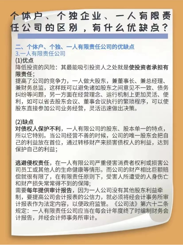 個體戶、個獨企業(yè)、一人有限責任公司的區(qū)別，有什么優(yōu)缺點